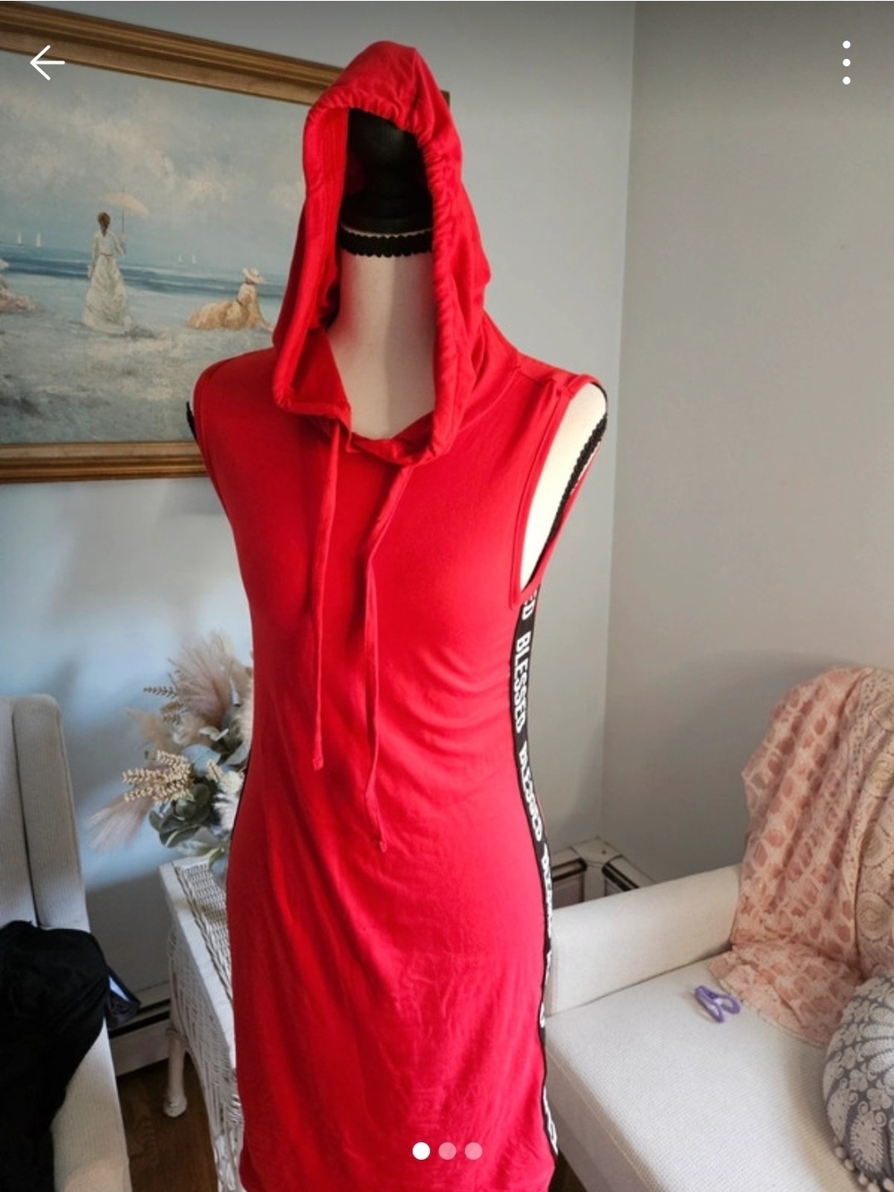 Sleeveless Red Hooded Dress with Side Logo Tape Blessed.